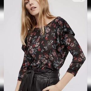 Free People Dock Street Top Blouse Shirt Black Size Floral Size Small 3/4 Sleeve